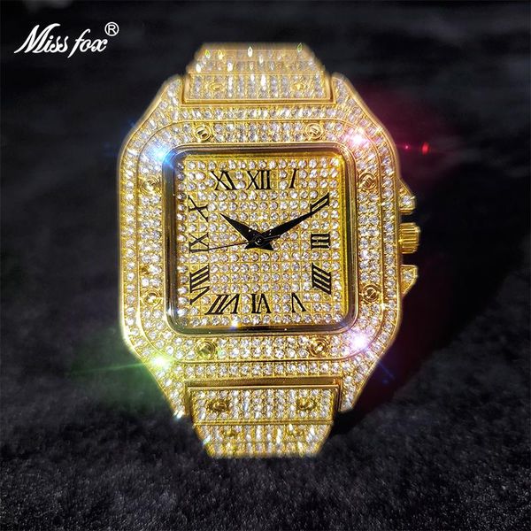 Drop Gold Männer Uhr Eis Aus Labor Diamant Quadrat Uhren Für Männer Wasserdichte Hip Hop Bling Coole Stunde Geschenk Großhandel armbanduhren