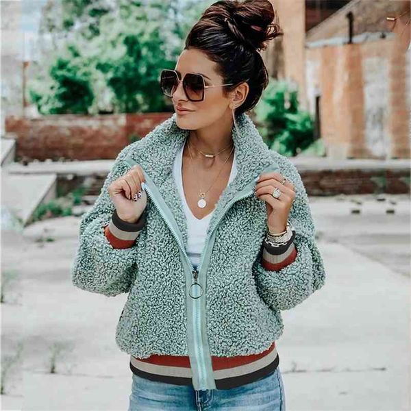 

foridol teddy bear zipper faux fur coat women clothes winter thick warm coat fluffy khaki casual stripe coat jacket 210415, Black