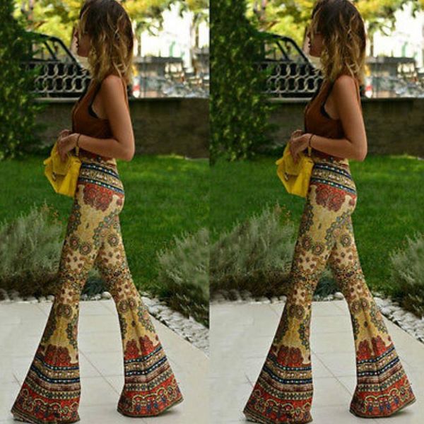 

fashion women flare print pants floral retro boho stretch high waist trousers printed women's & capris, Black;white