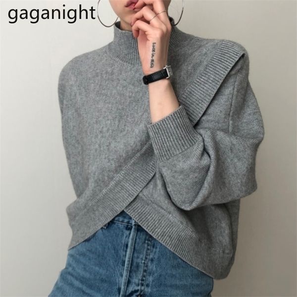 

korean women irregular sweater solid crop pullover knitted fashion lady chic outwear sweaters autumn winter 210601, White