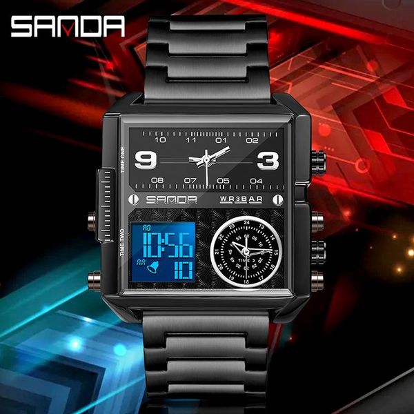 

wristwatches luxury stainless steel men watch fashion led digital watches brand sanda mens wristwatch 3 time waterproof alarm clock, Slivery;brown