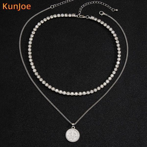 

pendant necklaces kunjoe bohemia retro round shape coin crystal tennis chain necklace for women choker geometric hip hop jewelry, Silver