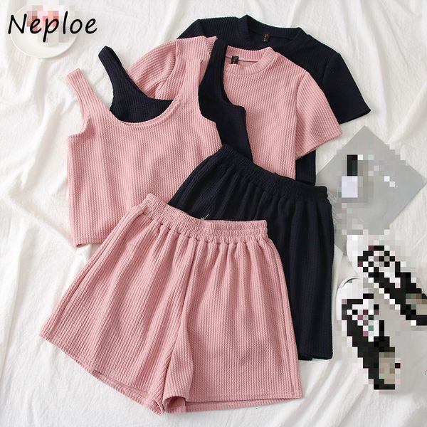 

neploe female suits new summer fashion camisole o-neck t-shirt and high wasit short three piece sets womens outfits 82090 210423, White