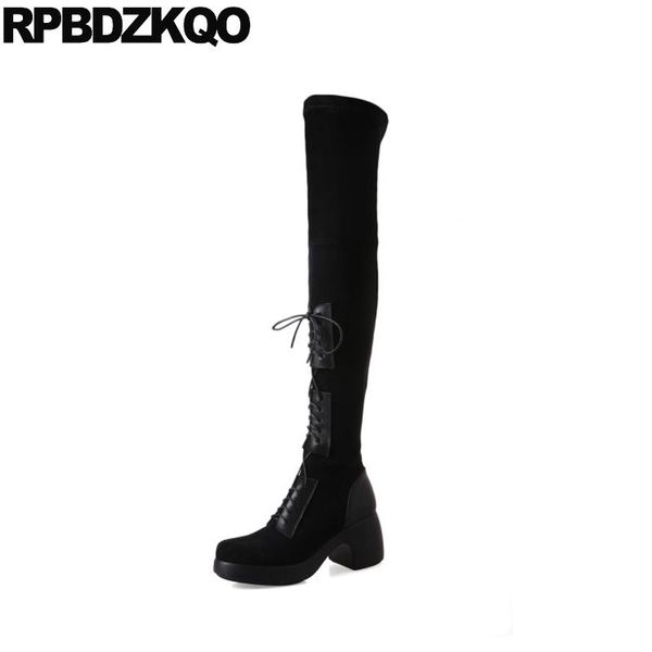 

boots tall over the knee high heel fur suede slim thigh women shoes round toe stretch black ladies long chunky winter