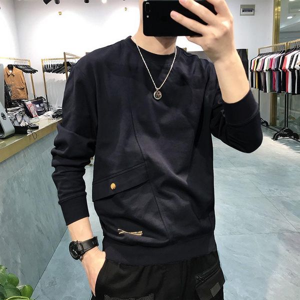 

men's hoodies & sweatshirts european and american style hoodless sweater spring autumn loose round neck long sleeve splicing coat stude, Black