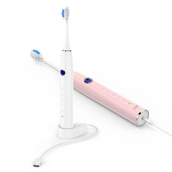 

qyg q1 sonic electric toothbrush powerful ipx7 waterproof pink & white with 2 toothbrush head - black