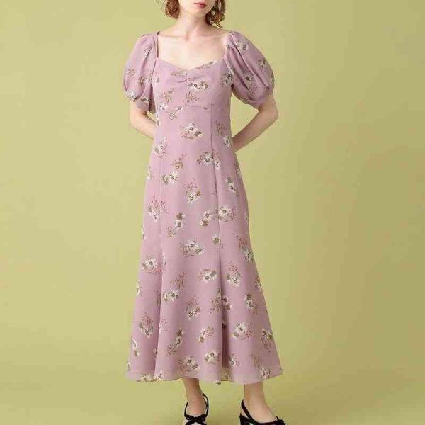 

temperament square collar print dress women sweet puff short sleeve dresses women summer elegant vestidos de mujer 210514, Black;gray