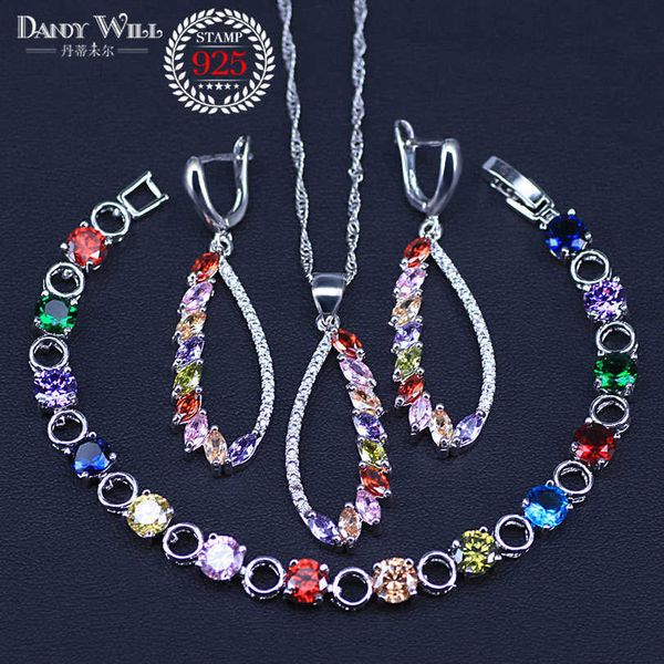 

fashion 4 pcs big flower multi color elegant women prom party silver color cubic zirconia necklace bracelets jewelry set h1022