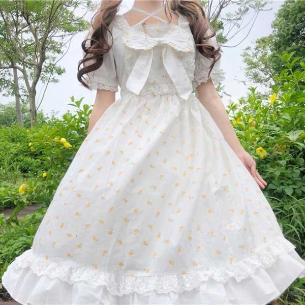 

party dresses japan lolita cute floral white dress girls summer kawaii vintage bow bandage puff sleeve sweet lace princess 5ooj, White;black