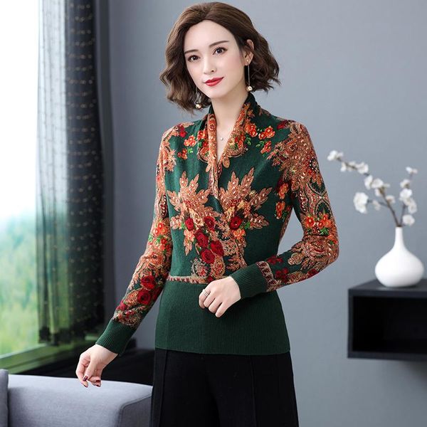 

women's sweaters women floral printed sweater blouse autumn winter vintage printing ladies slim fit jumper pullovers, White;black