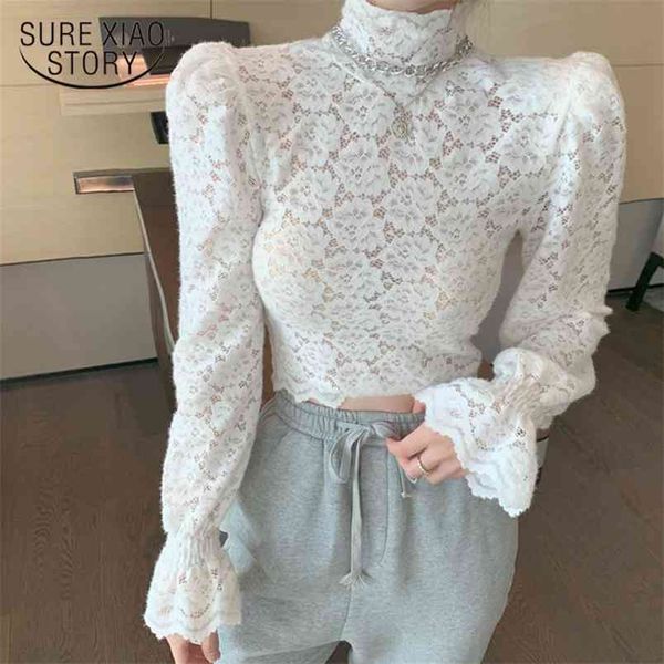 

spring casual floral women shirt lace white blouse puff sleeve shirts turtleneck short corset blusas 12710 210421
