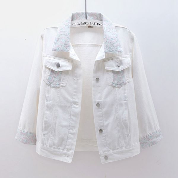 

women's fur & faux spring autumn denim jacket 3/4 sleeve white short lace jeans coat loose single breasted harajuku g303 m31k, Black