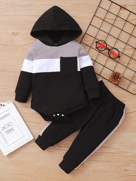 

baby color block hooded bodysuit & sweatpants she, White