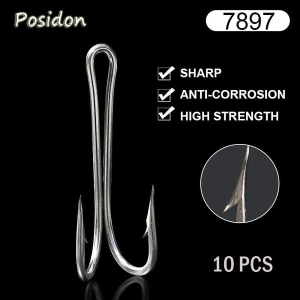 

posidon 10 pcs/pack 7897 duple hook stainless steel big double fishing hooks large non-weld fish for trolling lures