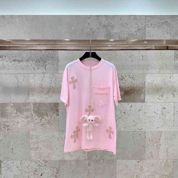 

2021 summer new skinned cross sweet cool girl loose pants missing os short sleeve t-shirt with doll, White