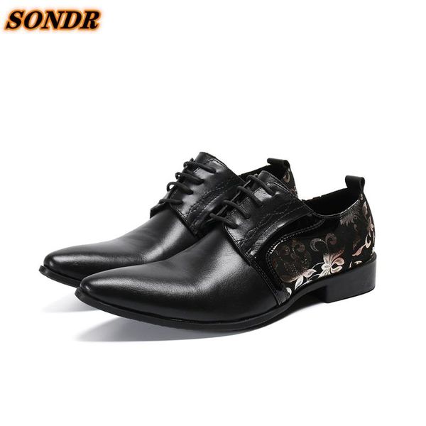 

dress shoes classic men formal genuine leather pointed toe lace up print for business oxford sapato social masculino, Black