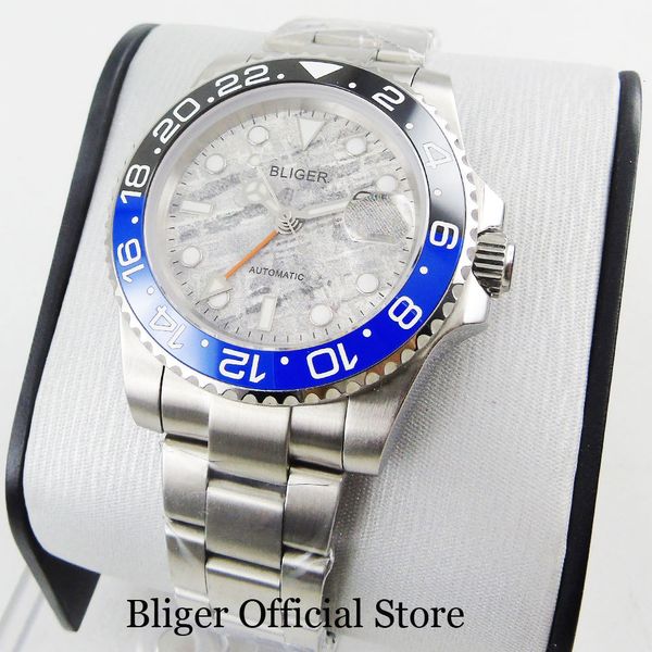 

bliger self winding men clock car date sapphire glass gmt function 40mm special design dial mechanical, Slivery;brown