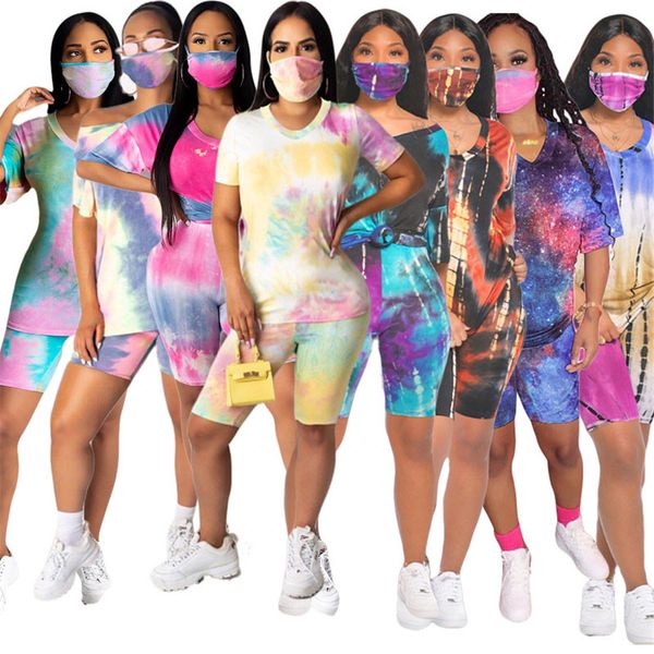 

plus size 3xl women tie dye tracksuits casual two piece sets t shirt+mini shorts summer clothing jogger suit sports outfits whith mask 4884, Gray