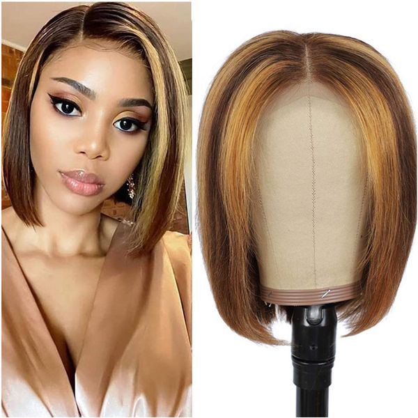 Glueless Highlight Short Bob Wig Brasiliano dritto 4/27 Ombre Brown Honey Blonde T-Part 13 * 6 * 1 Parrucche frontali in pizzo per capelli umani per donne nere