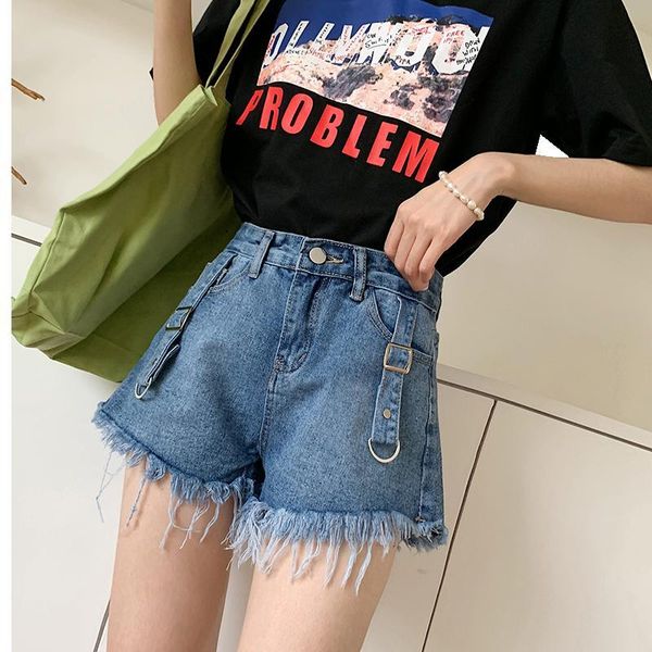 

high waist girls cotton short jeans tassels hem women's, Blue