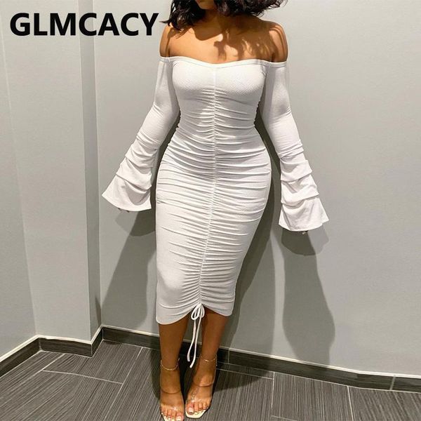 

casual dresses women flare sleeve off shoulder bodycon dress, Black;gray