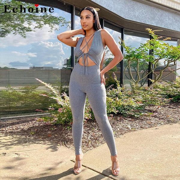 

women bodycon cutout drawstring sports jumpsuits cross straps lace up hollow out rompers long pencil pants femme catsuit women's &, Black;white
