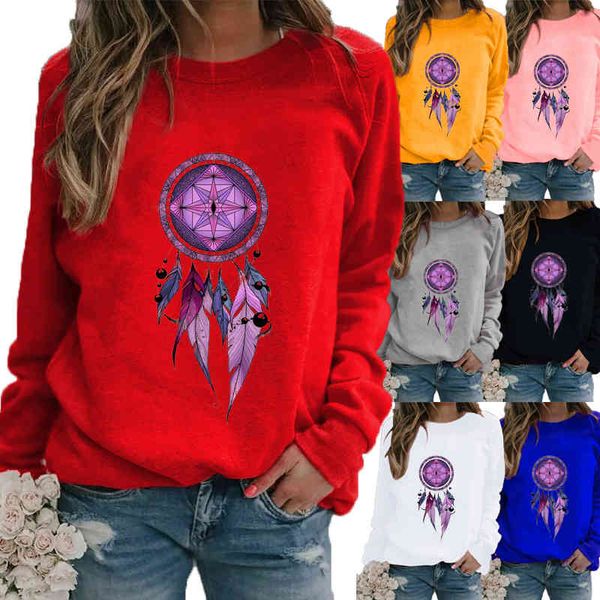 

women hoodie winter casual fashion dreamcatcher printed round neck long sleeved sweatshirt loose ladies graphic t-shirt blouse, Black