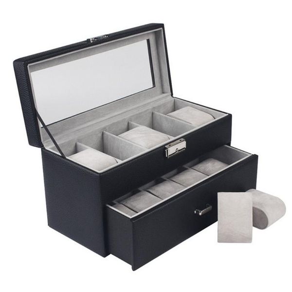 

leather watch box case jewelry display organizer holder lockable with lid boxes & cases, Black;blue