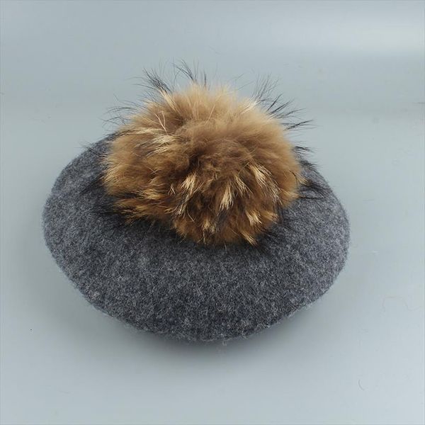

big real fur pompom beret women vintage artist hat girls autumn spring wool knitted cap, Blue;gray