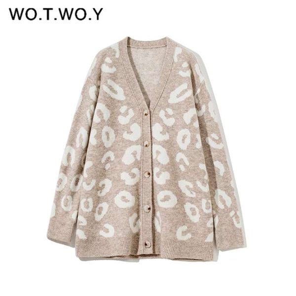 

wotwoy autumn winter v-neck knitted cardigans women single breasted printed loose sweaters female casual soft knitwear 210929, White;black