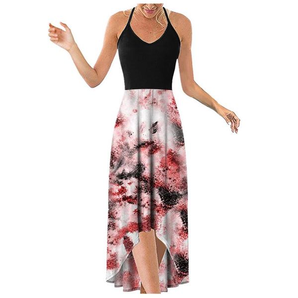 

floral printing beach long dress halter backless elegant maxi casual patchwork party dresses, Black;gray