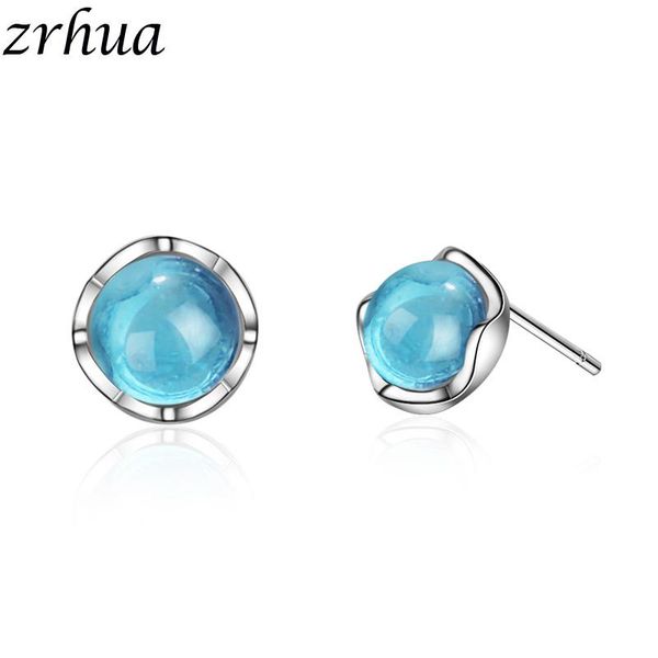 

stud zrhua genuine 925 sterling silver round clear blue crystal earrings for women fashion ear jewelry christmas gifts, Golden;silver