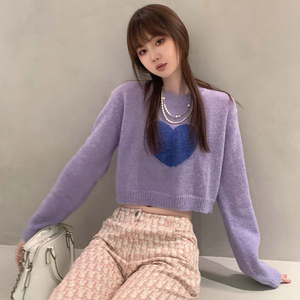 

women's sweaters sweetheart jacquard cropped thin pullover short jumpers long sleeve round neck love embroidery purple 6c1o, White;black