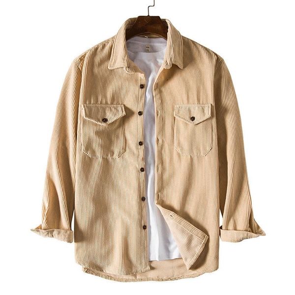 

men's casual shirts 2021 corduroy long sleeve thickened solid color double pocket shirt, White;black