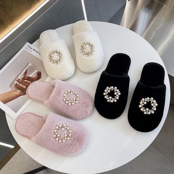 

slippers baotou wool cotton women 2021 autumn and winter warm household bright diamond fashion women's shoes, Black
