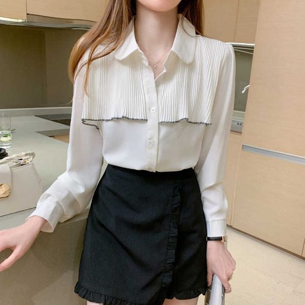Koreanische Frauen Hemd Chiffon Blusen für Langarm Shirts Büro Dame Rüschen Bluse Tops Plus Größe Frau Weiß XL 210604
