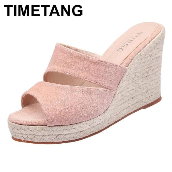 

slippers timetang2021sell wedge sandal women's summer shoes natural jute woven platform high heel heighten casual, Black