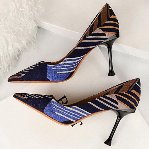 

dress shoes 2021 women 10cm high heels stiletto pumps office elegant pointed toe lady colorful talon scarpins blue quality, Black