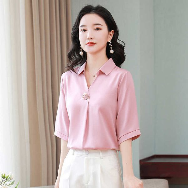 

summer korean fashion satin women blouses short sleeve office lady solid shirts plus size xxxl pink 210531, White