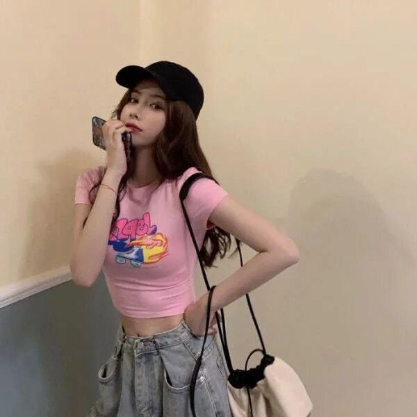 

women's t-shirt y2k short female summer korean version of jk girl pink bottoming slim short-sleeved harajuku woman tshirts, White