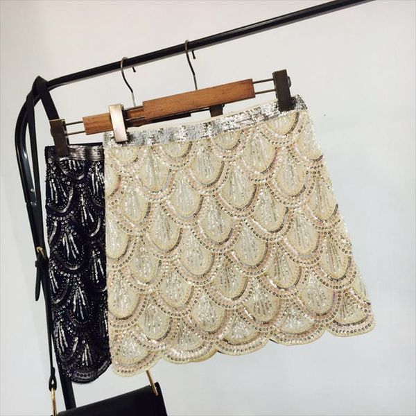 

sequins short vintage beading pencil womens skirt high waist bohemian bling silm bodycon runway mini skirts, Black