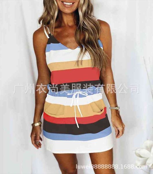 

summer products striped color womens v-neck drawstring sling dress, Black;gray