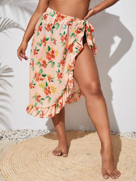 

plus floral print ruffle trim cover up w0zl#, Black