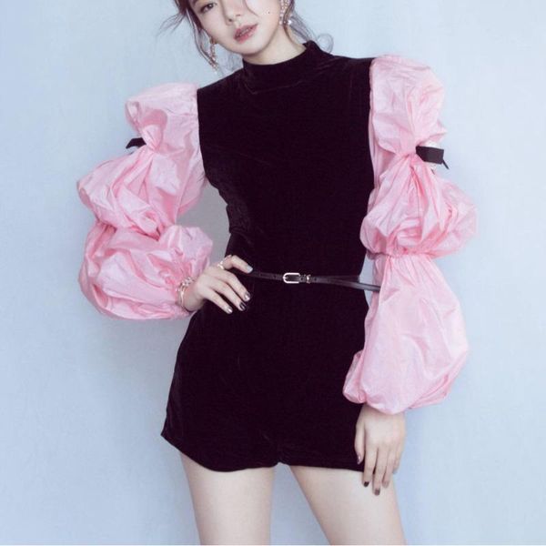 

women's jumpsuits & rompers [ewq] 2021 autumn puff sleeve black powder patchwork velvet jumpsuit korea loose high waist trend women clo, Black;white