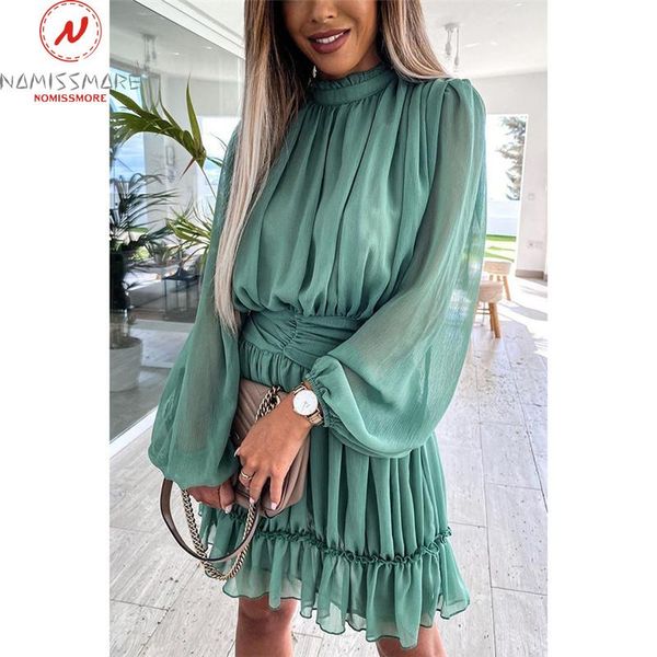 

casual dresses fashion women solid color a-line dress hollow out design lace ruffles button decor o-neck long sleeve mid waist slim mini, Black;gray