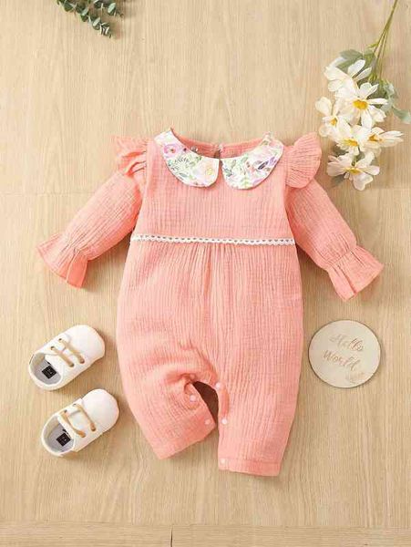 

baby floral print peter-pan collar flounce sleeve ruffle trim jumpsuit she, Blue