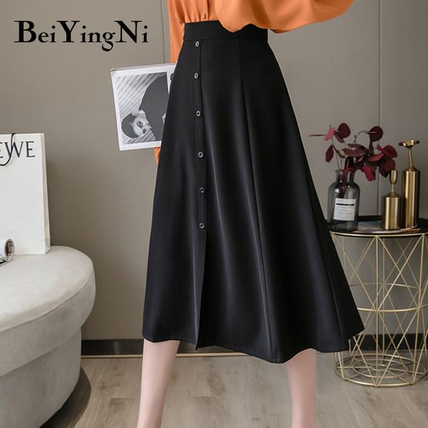 

midi skirt women solid color buttons high waist vintage harajuku elegant maxi long a line skirts fashion clothes 210427, Black
