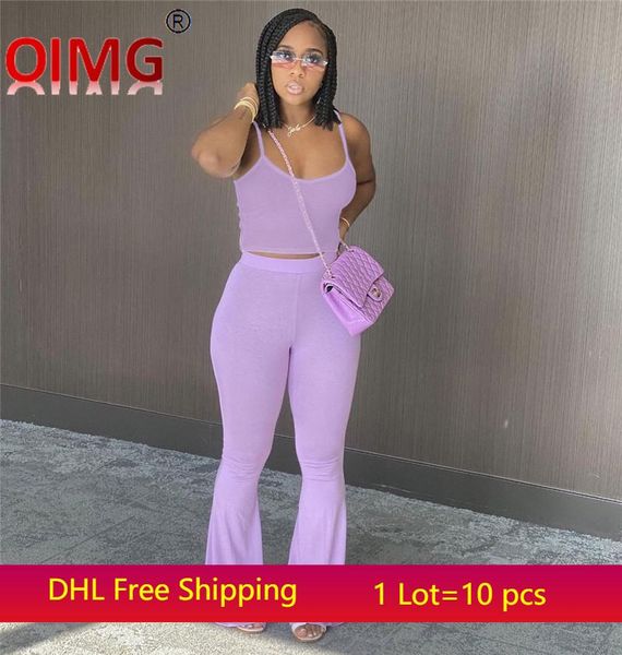 

women's two piece pants summer women club wear crop +flared spaghetti strap tracksuits sleeveless 2 pieces sets outfits clothes 539, White
