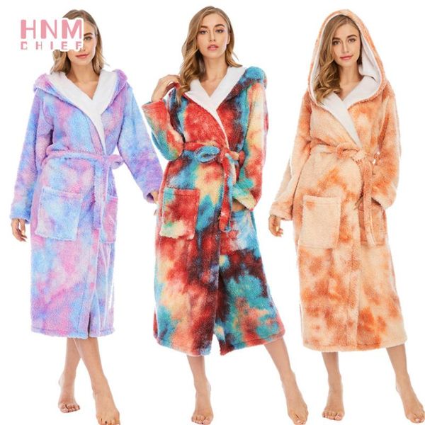 

women's sleepwear hnmchief 3d multicolor tie-dye hooded bathrobe ladies 2021 winter coral velvet night-robe thick long pajamas women le, Black;red