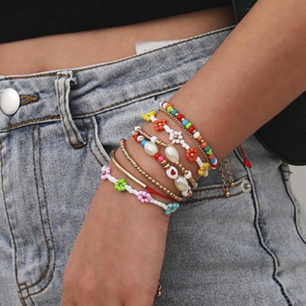 

charm bracelets 2021 8 pcs/set bohemian beads colorful flowers daisy pearl heart charming jewelry for women lot wristband, Golden;silver